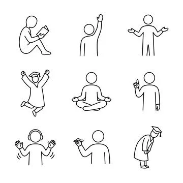 Stick figures people various actions and emotions line art icons set, minim.. Stock Illustration