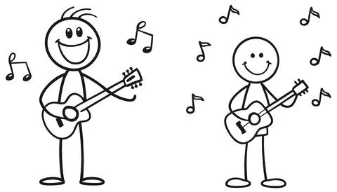 Stick figures playing guitar with floating musical notes. Illustrazione stock