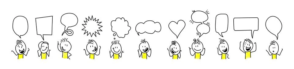 Stick figures. Thought bubbles, speech bubbles. Isolated on white background. Illustrazione stock
