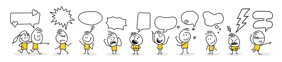 Stick figures. Thought bubbles, speech bubbles. Isolated on white background. Stock Illustration