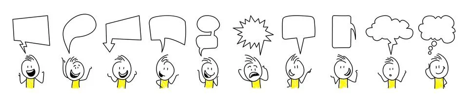 Stick figures. Thought bubbles, speech bubbles. Isolated on white background. Stock Illustration