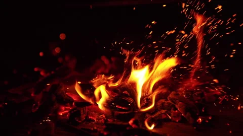 Stick hits the hot embers. Tiny numerous sparks fly up. Stock Footage 256713181
