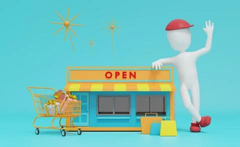 Stick man and store front with gift box and shopping cart in blue compositi.. Stock Illustration