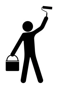 Stick man, builder paint a wall with roller, repair of building facades. Work Stock Illustration