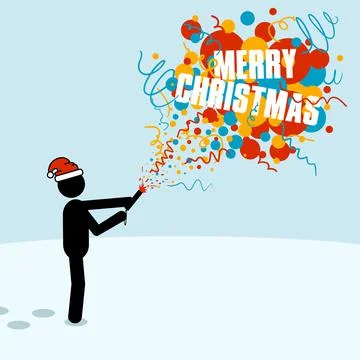 Stick man with red hat explodes slapstick with confetti on the winter background イラスト素材