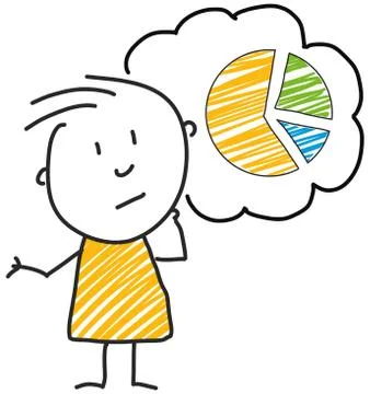 Stick man standing and thinking bubble expression illustration yellow pie chart 스톡 일러스트