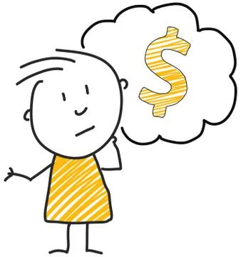 Stick man standing and thinking bubble expression illustration yellow dollar 스톡 일러스트