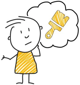 Stick man standing and thinking bubble expression illustration yellow paint Stock-Illustration