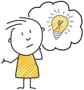 Stick man standing and thinking bubble expression illustration yellow lightbulb Stock Illustration