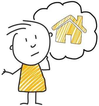 Stick man standing and thinking bubble expression illustration yellow house real Illustrazione stock