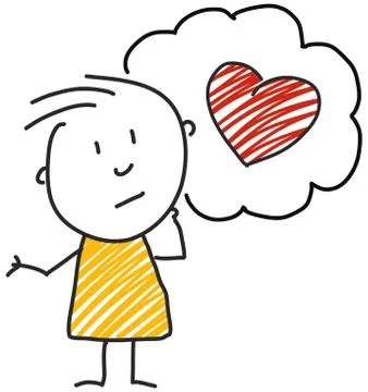 Stick man standing and thinking bubble expression illustration yellow heart red Stock Illustration