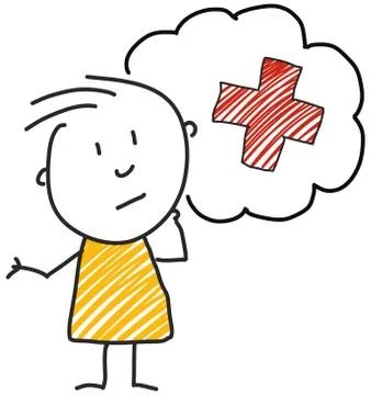 Stick man standing and thinking bubble expression illustration yellow red cross Illustrazione stock