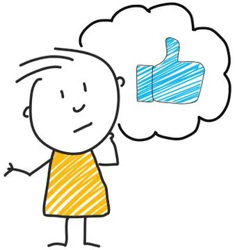 Stick man standing and thinking bubble expression illustration yellow like thumb Stock Illustration