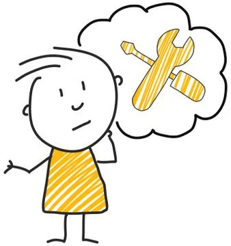 Stick man standing and thinking bubble expression illustration yellow repair Illustrazione stock