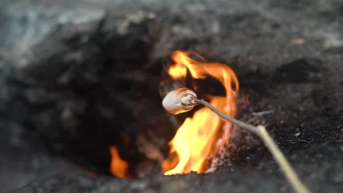 Stick with marshmallow roasting over flames on hillside Stock Footage 143358859