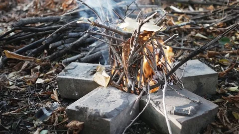 A stick is placed into a burning campfire. A medium shot of a campfire burnin Stock Footage 118464179