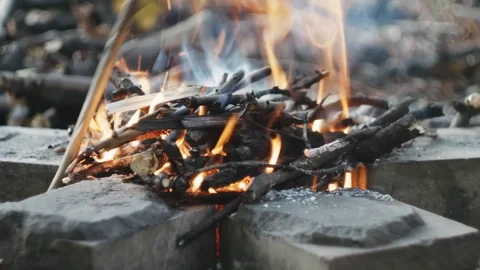 A stick is placed into a burning campfire. A medium shot of a campfire burnin 動画素材 118464292