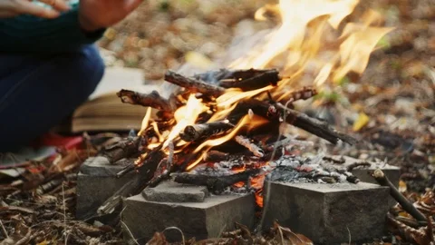 A stick is placed into a burning campfire. A medium shot of a campfire burnin Stock Footage 118466040