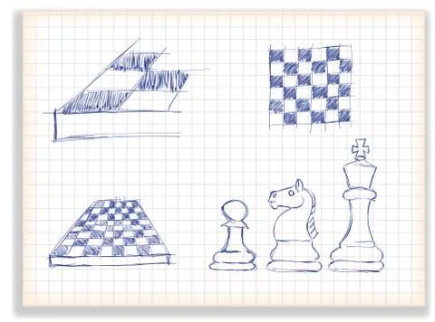 Stick set of chess elements for design, on a checkered background Stock Illustration