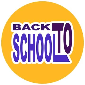 Sticker Back to school -  violet text on a yellow circle Stock Illustration