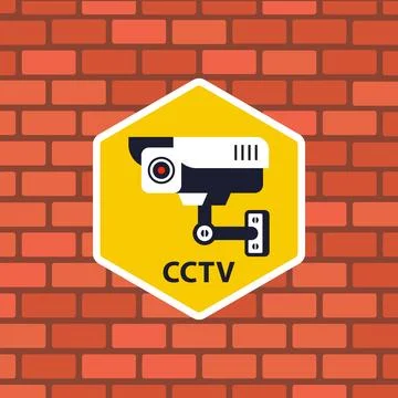 A sticker on a brick wall indicates video surveillance. Illustrazione stock