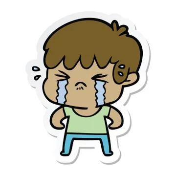 Sticker of a cartoon boy crying Stock Illustration