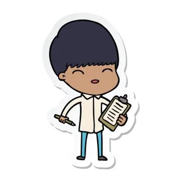 Sticker of a cartoon boy taking notes Stock Illustration