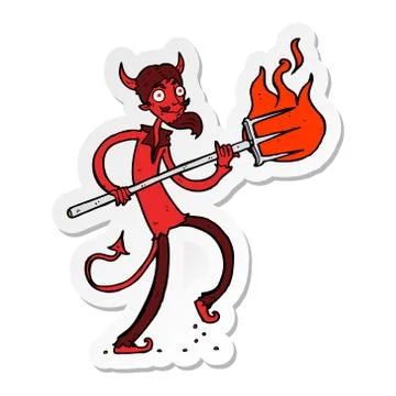 Sticker of a cartoon devil with pitchfork Stock Illustration