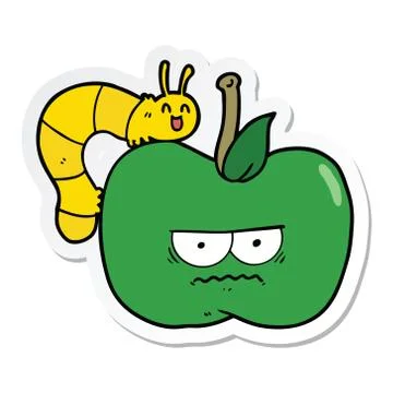 Sticker of a cartoon grumpy apple and caterpillar Stock Illustration