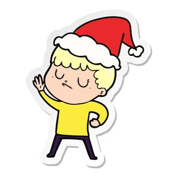 Sticker cartoon of a grumpy boy wearing santa hat Stock Illustration