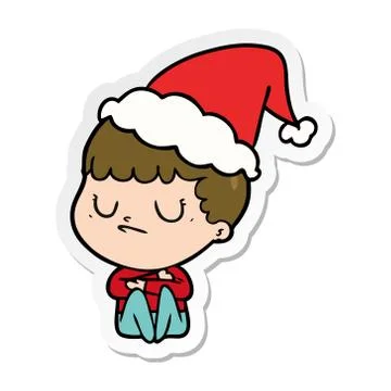 Sticker cartoon of a grumpy boy wearing santa hat Stock Illustration