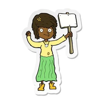 Sticker of a cartoon hippie girl with protest sign Stock Illustration