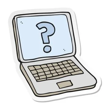 Sticker of a cartoon laptop computer with question mark Stock Illustration