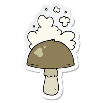 Sticker of a cartoon mushroom with spore cloud Stock Illustration