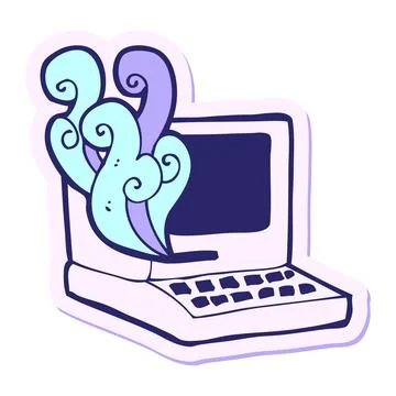 Sticker of a cartoon old computer in bright neon color Stock Illustration