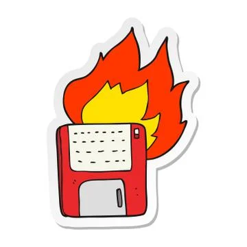 Sticker of a cartoon old computer disk burning Stock Illustration