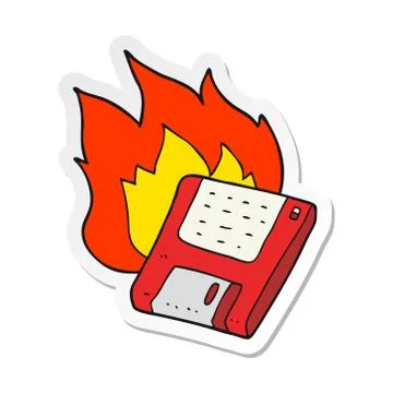 Sticker of a cartoon old computer disk burning Stock Illustration