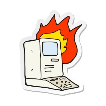 Sticker of a cartoon old computer on fire Stock Illustration