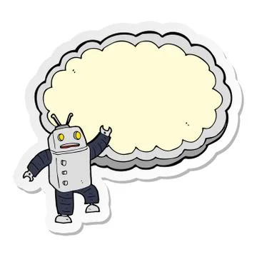Sticker of a cartoon robot with space for text cloud Illustrazione stock