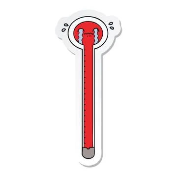 Sticker of a cartoon thermometer crying Stock Illustration