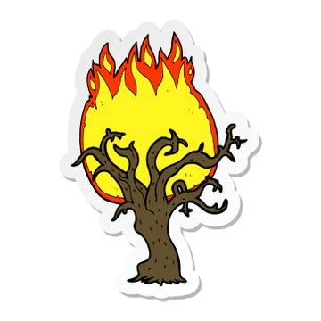 Sticker of a cartoon winter tree on fire Illustrazione stock