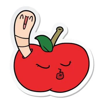 Sticker of a cartoon worm in apple Stock Illustration