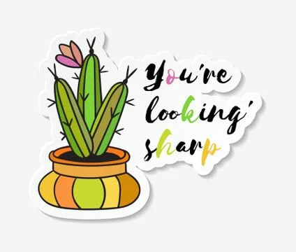 Sticker with colored funny cute cactus. Stock Illustration