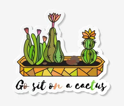 Sticker with colored funny cute cactus. Stock Illustration