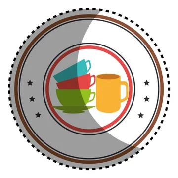 Sticker colorful circular border with stack of colorful coffee cups Stock Illustration