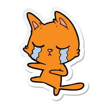 Sticker of a crying cartoon cat dancing Stock Illustration
