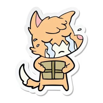 Sticker of a crying fox cartoon with parcel Stock Illustration