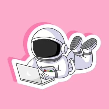 Sticker of Cute Astronaut Lying Down Pose Working on Laptop Stock Illustration