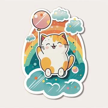 Sticker design with happy cat vector, white background Stock Illustration