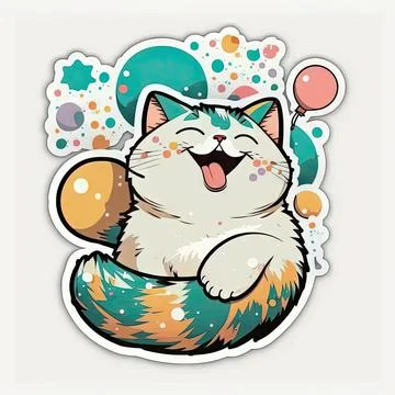 Sticker design with happy cat vector, white background Stock Illustration